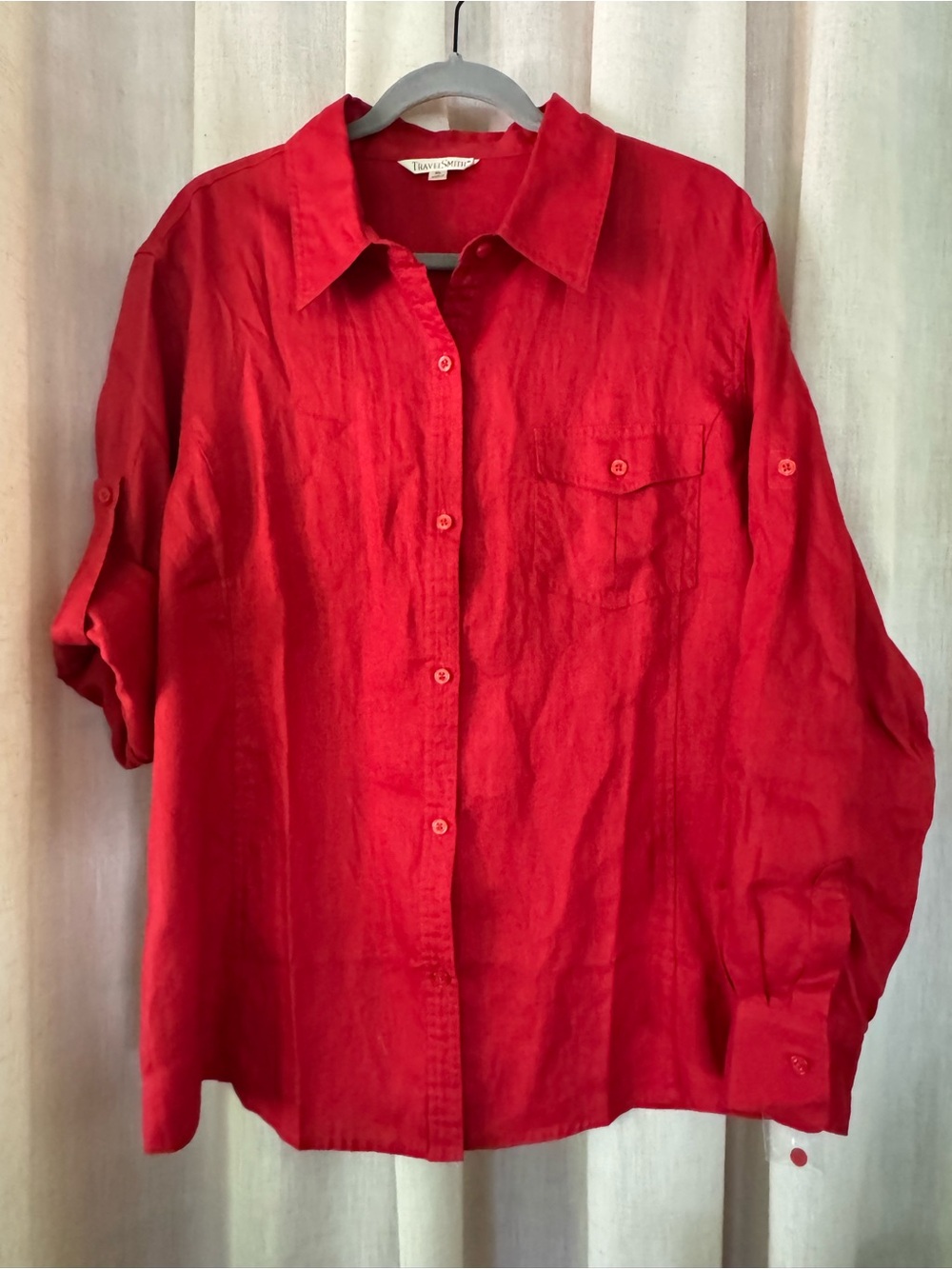 New TravelSmith Bright Red 100% Linen Button-Front Shirt XL New without tags